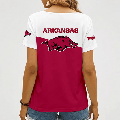[FAN FAVORITE] NEW CUSTOMIZED NCAA CWS03 AKR ARKANSAS RAZORBACKS V-NECK FEMALE SHIRT