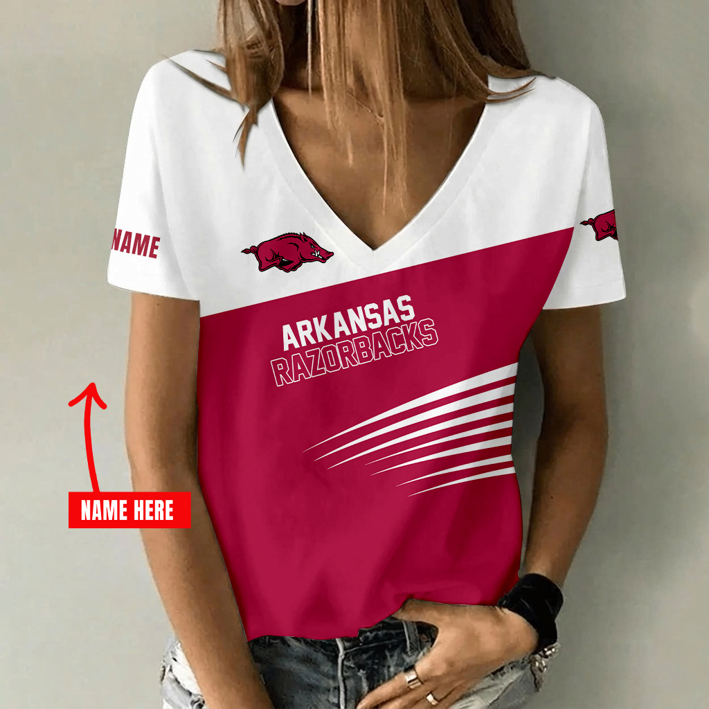 [FAN FAVORITE] NEW CUSTOMIZED NCAA MAM06 AKR ARKANSAS RAZORBACKS STRAPPY V-NECK FEMALE SHIRT