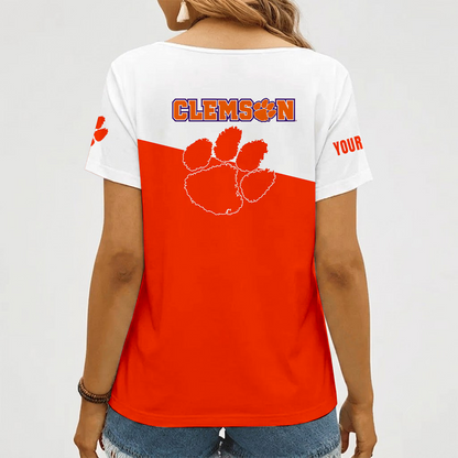 [FAN FAVORITE] NEW CUSTOMIZED NCAA FBS07 CST CLEMSON TIGERS V-NECK FEMALE SHIRT