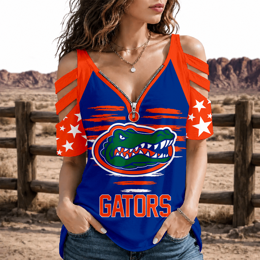 [FAN FAVORITE] NEW CUSTOMIZED NCAA CWS08 FLG FLORIDA GATORS STRAPPY COLD-SHOULDER TOP