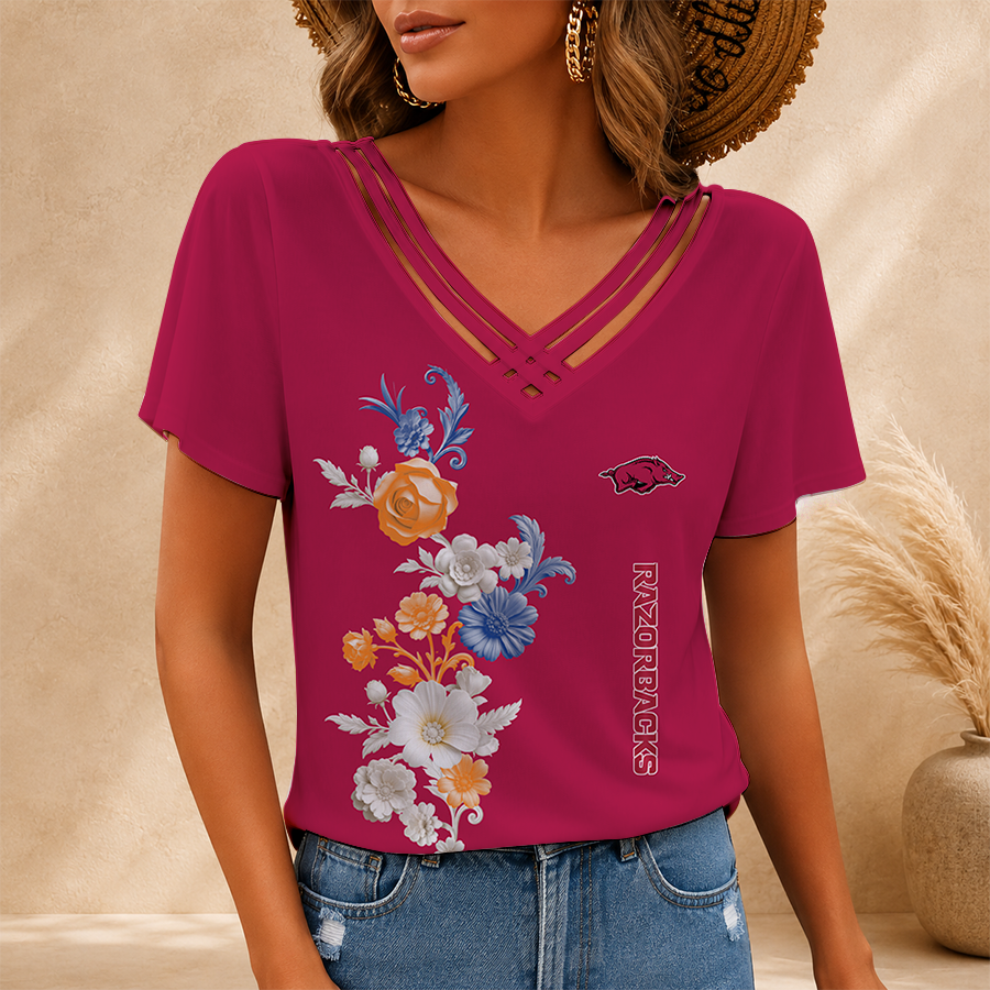[FAN FAVORITE] NEW CUSTOMIZED NCAA FBS12 AKR ARKANSAS RAZORBACKS V-NECK SHIRT