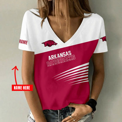 [FAN FAVORITE] NEW CUSTOMIZED NCAA FBS12 AKR ARKANSAS RAZORBACKS V-NECK FEMALE SHIRT