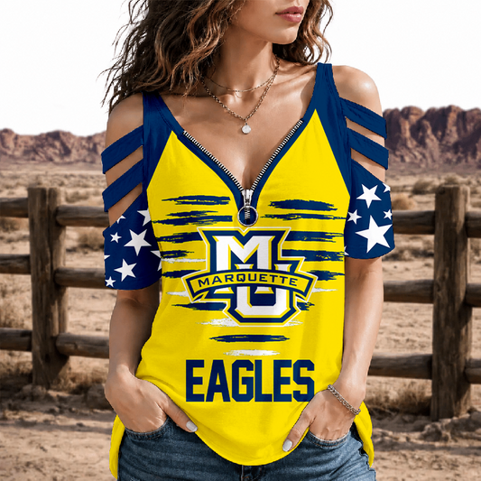 [FAN FAVORITE] NEW CUSTOMIZED NCAA MAM17 MGE MARQUETTE GOLDEN EAGLES STRAPPY COLD-SHOULDER TOP