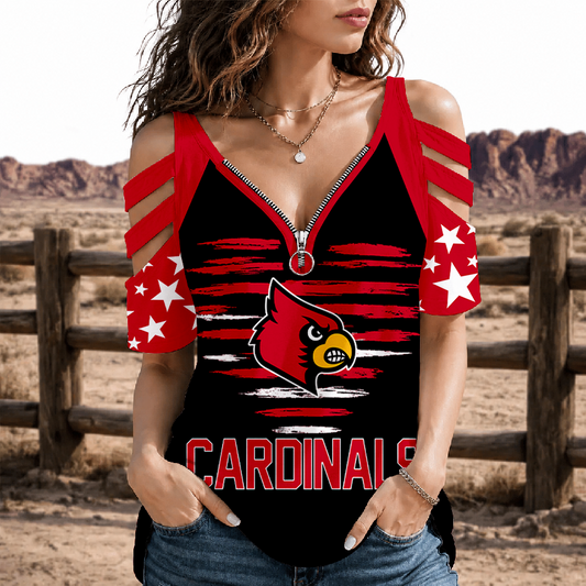 [FAN FAVORITE] NEW CUSTOMIZED NCAA MAM25 ULC LOUISVILLE CARDINALS STRAPPY COLD-SHOULDER TOP