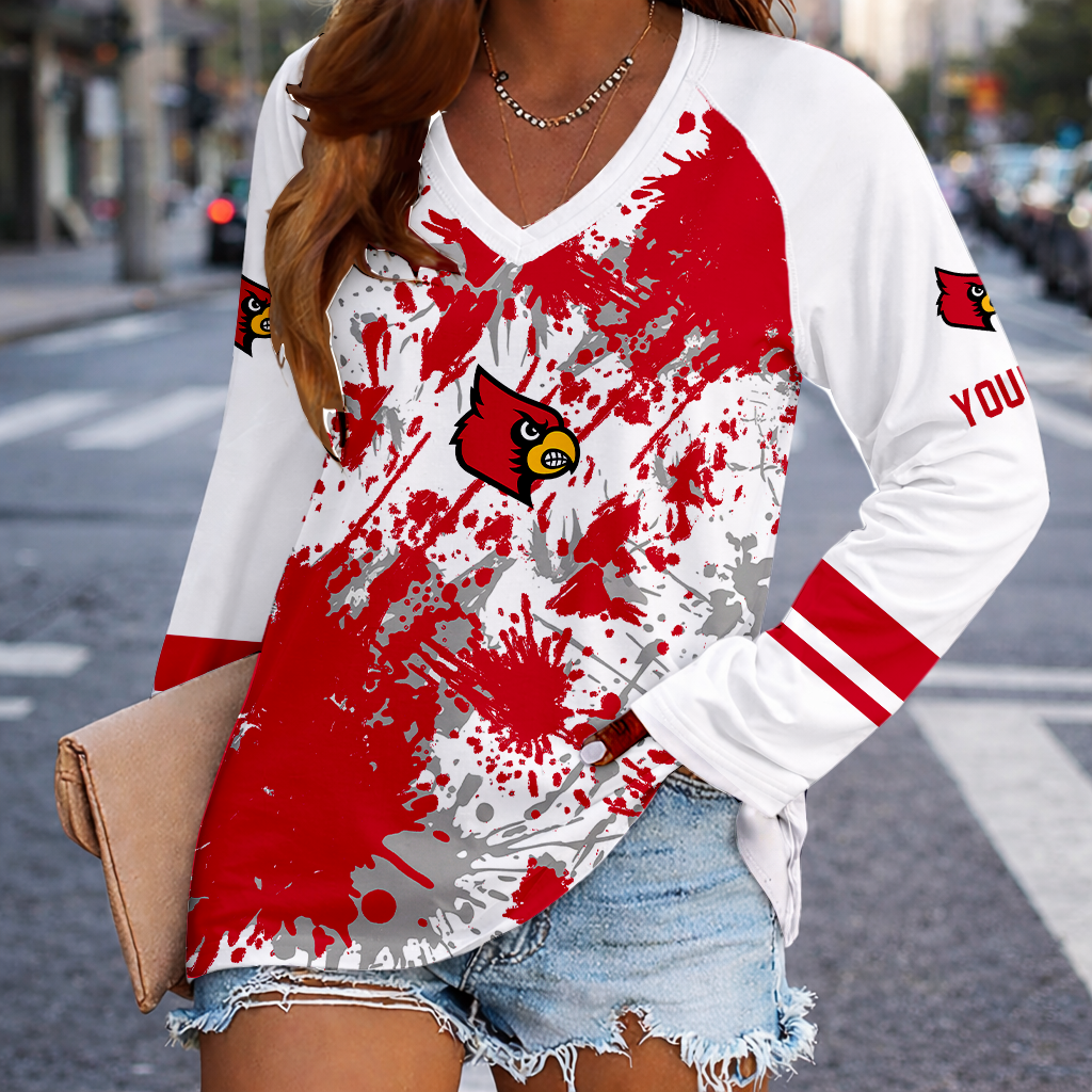 [FAN FAVORITE] NEW CUSTOMIZED NCAA CWS26 ULC LOUISVILLE CARDINALS WOMEN'S V-NECK LONG SLEEVED SHIRT