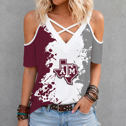 [FAN FAVORITE] NEW CUSTOMIZED NCAA CWS27 TAA TEXAS A&M AGGIES CRISS CROSS V-NECK TOP