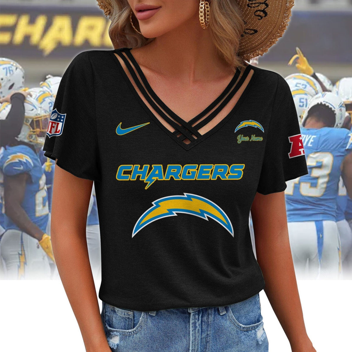 [SPECIAL OFFER] NEW CUSTOMIZED NFL09 LAC LOS ANGELES CHARGERS V-NECK SHIRT